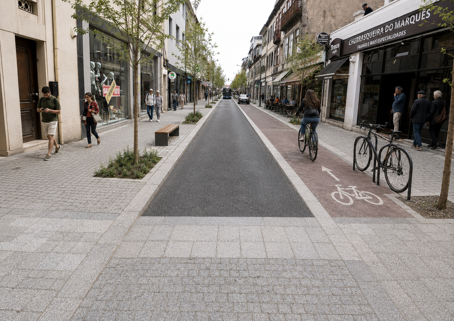 Visualização conceptual da Rua de Costa Cabral, no Porto, com mais espaço para peões e bicicletas
