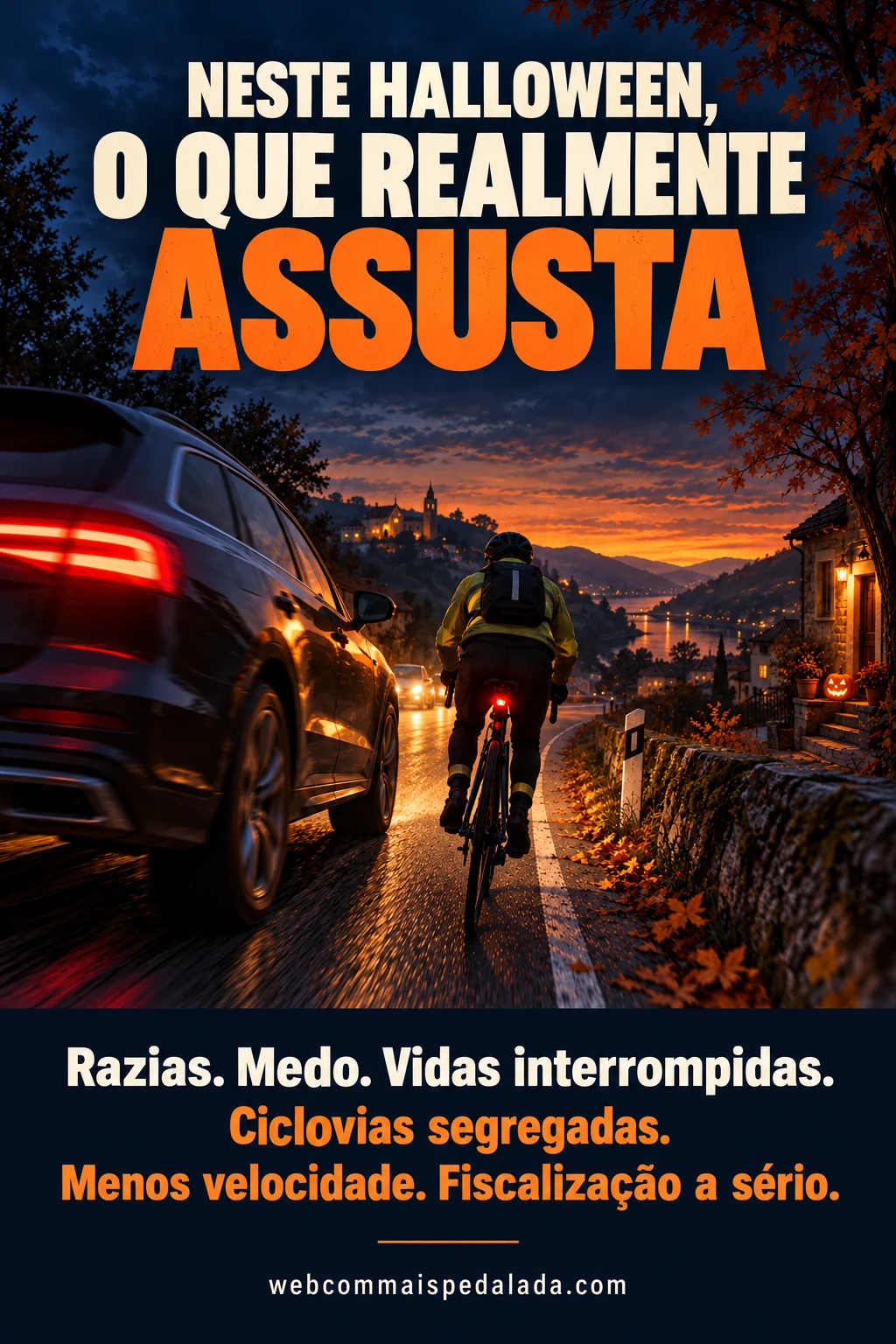 Cartaz vertical: Neste Halloween, o que realmente assusta. Razias. Medo. Vidas interrompidas. Ciclovias segregadas. Menos velocidade. Fiscalização a sério.