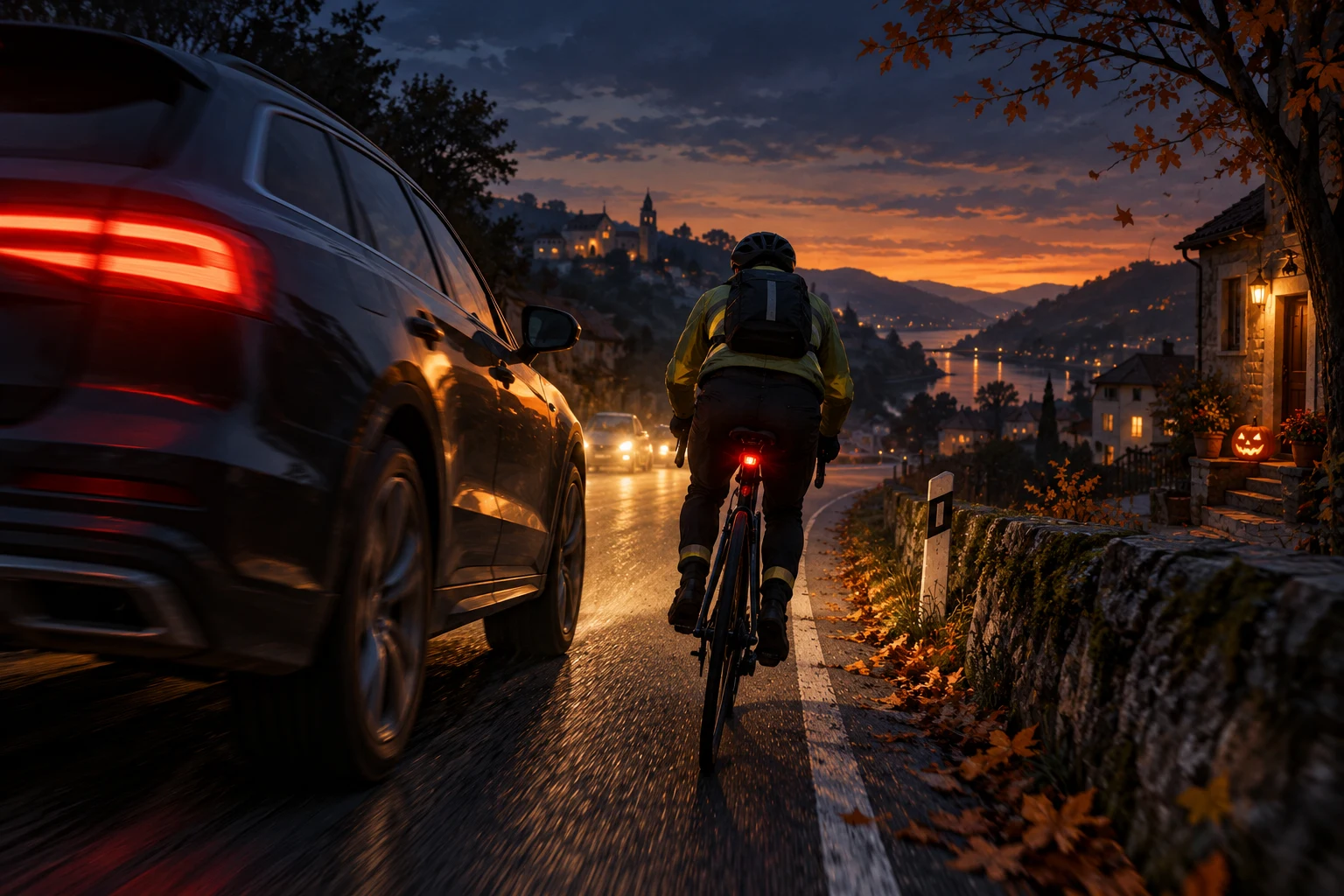 Ilustração de uma razia a um ciclista numa estrada ao anoitecer, com uma abóbora de Halloween à porta de uma casa.