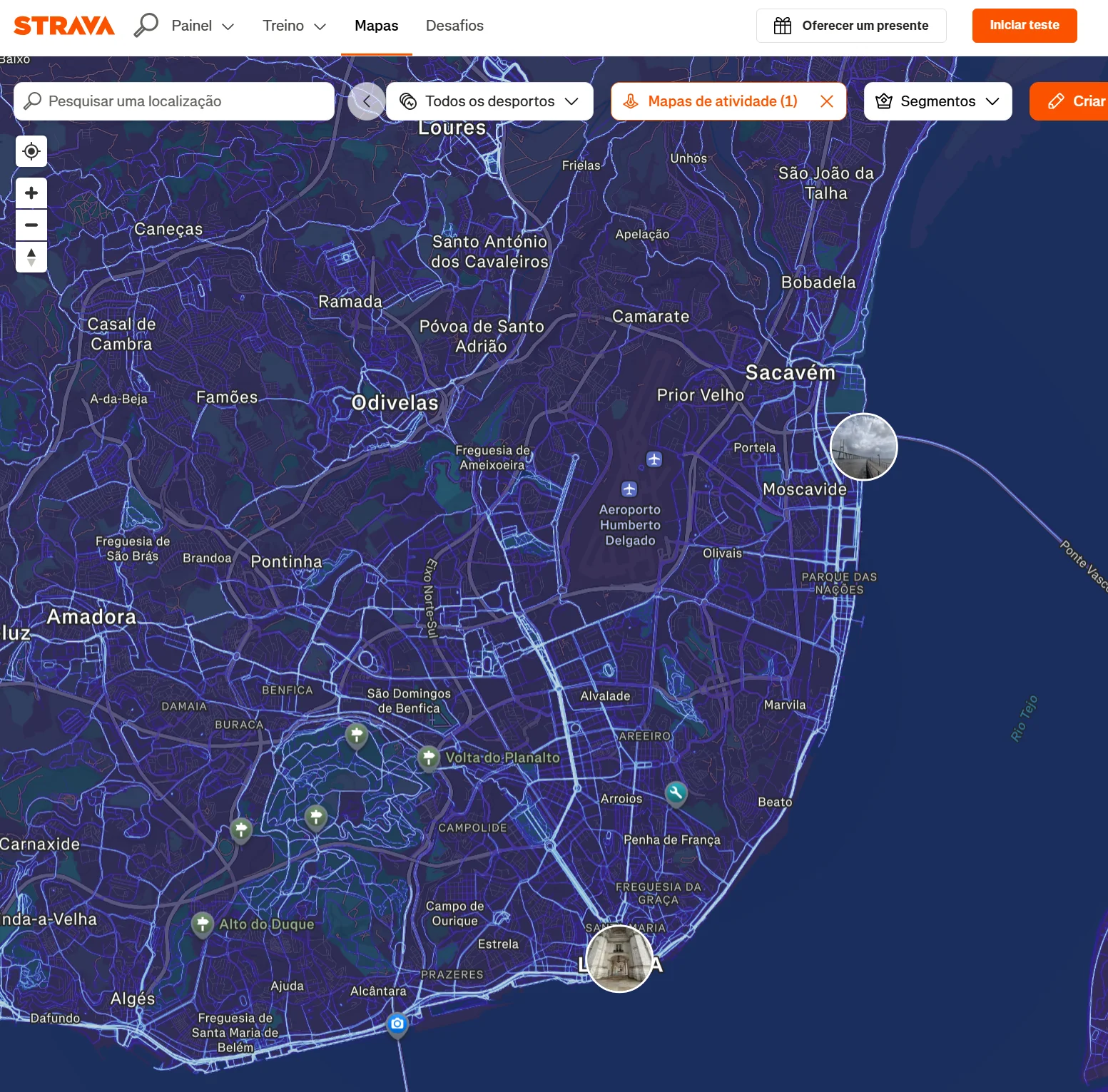 Heatmap do Strava mostrando Lisboa e arredores com rotas de ciclismo