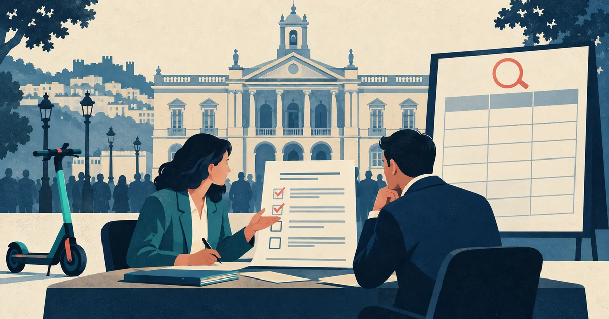 Uma ilustração editorial de uma reunião municipal sobre acordos de trotinetes, com um documento e um quadro de evidência.