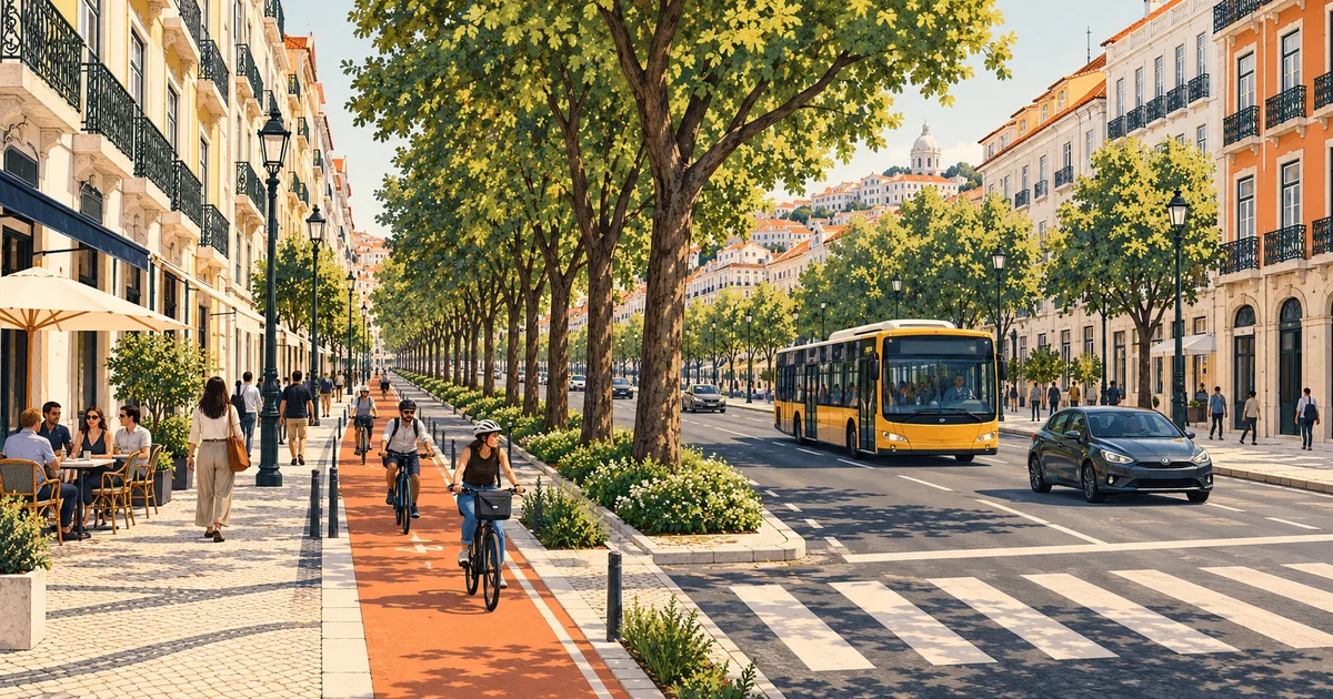 Ilustração genérica de uma avenida de Lisboa com separador central de árvores, ciclovia protegida, autocarro e passadeira (não representa o projeto)
