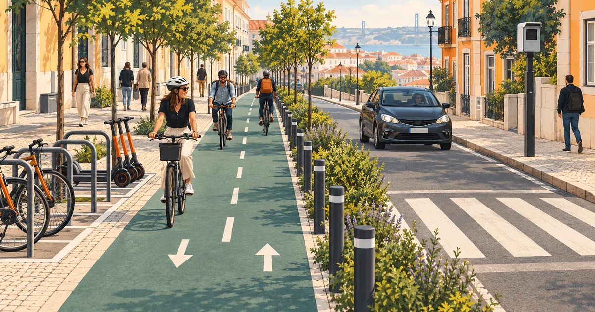 Rua com ciclovia protegida, estacionamento marcado para bicicletas e trotinetes e um radar de velocidade