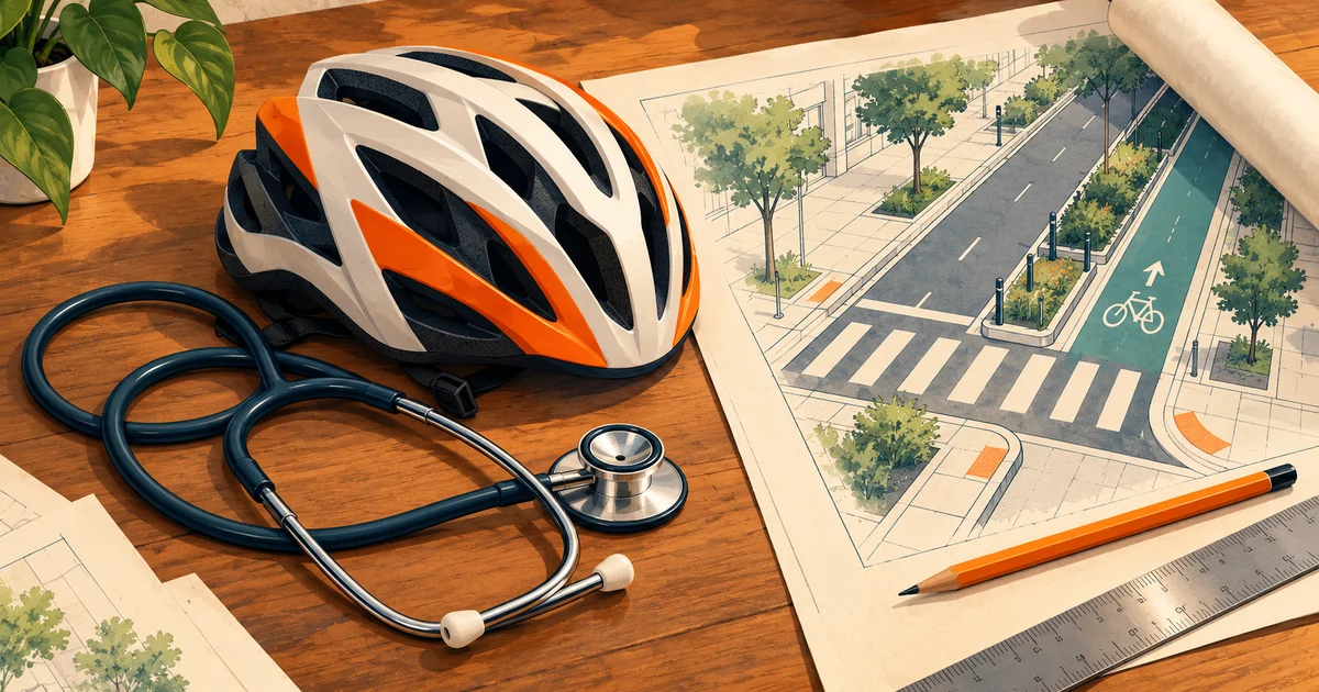 Capacete, estetoscópio e planta de uma rua com ciclovia protegida sobre uma mesa de trabalho