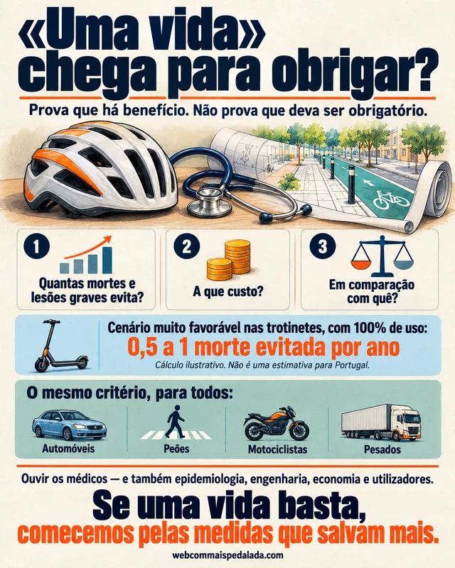 Capacete, estetoscópio e planta de uma rua com ciclovia protegida, com três perguntas: quantas mortes e lesões graves evita, a que custo e em comparação com quê; e o mesmo critério para automóveis, peões, motociclistas e pesados.