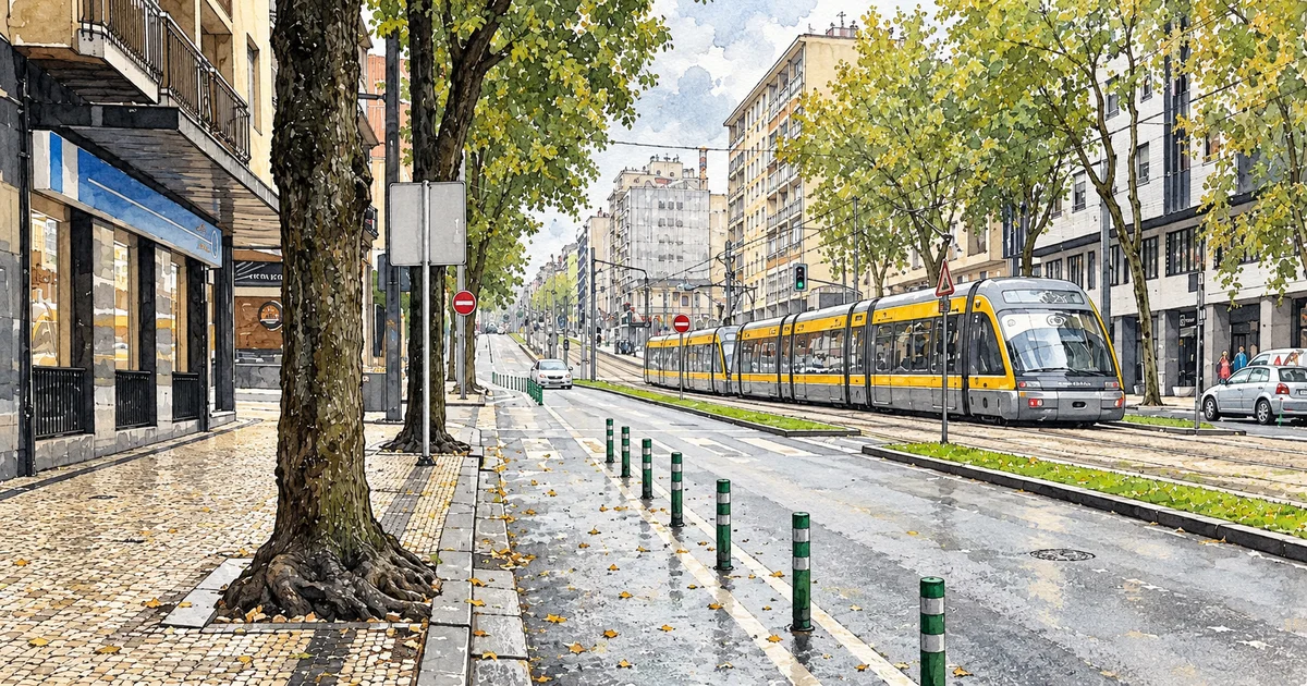 Ilustração baseada numa fotografia da Avenida da República, em Gaia, com a ciclovia e os pilaretes ainda instalados, junto ao metro
