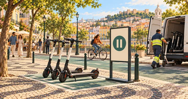 Ilustração de uma praça de Lisboa com trotinetes partilhadas numa zona marcada, um painel com o símbolo de pausa e uma pessoa a pedalar na ciclovia