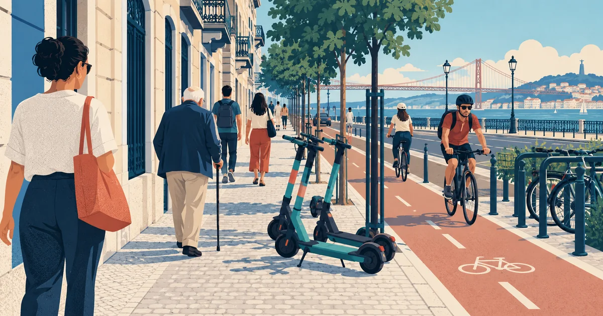 Uma ilustração editorial de peões, bicicletas e trotinetes estacionadas num passeio e numa ciclovia de Lisboa.
