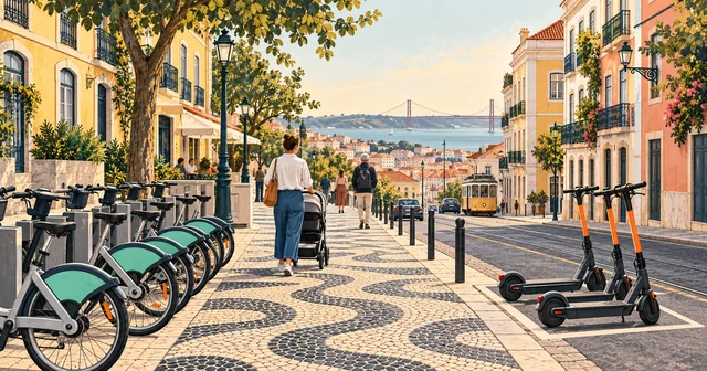 Rua de Lisboa com bicicletas numa estação de partilha e trotinetes estacionadas numa zona marcada