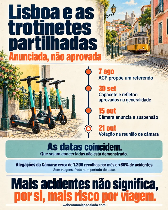 Cronologia: 7 de agosto, o ACP propõe um referendo; 30 de setembro, capacete e refletor aprovados na generalidade; 15 de outubro, a Câmara anuncia a suspensão; 21 de outubro, votação. As datas coincidem; a concertação não está demonstrada.