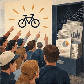 Multidão aponta para uma bicicleta enquanto ignora documentos com evidência