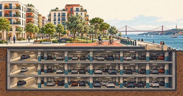 Ilustração genérica de um bairro junto ao rio em corte: edifícios, passeio ribeirinho, ciclovia e estação de bicicletas à superfície e estacionamento subterrâneo por baixo