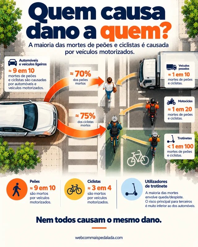 Quem causa dano a quem? — a maioria das mortes de peões e ciclistas é causada por veículos motorizados.