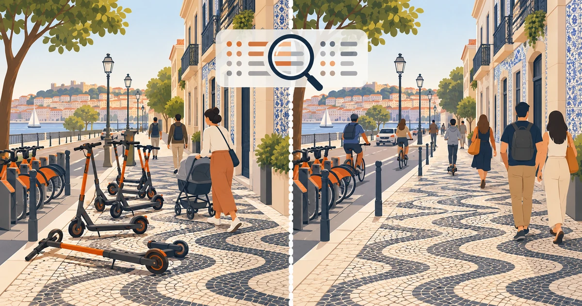 Ilustração de um passeio de calçada portuguesa em duas metades: à esquerda, trotinetes partilhadas estacionadas à mistura com peões; à direita, o mesmo passeio livre, com ciclistas e uma lupa sobre um quadro de dados