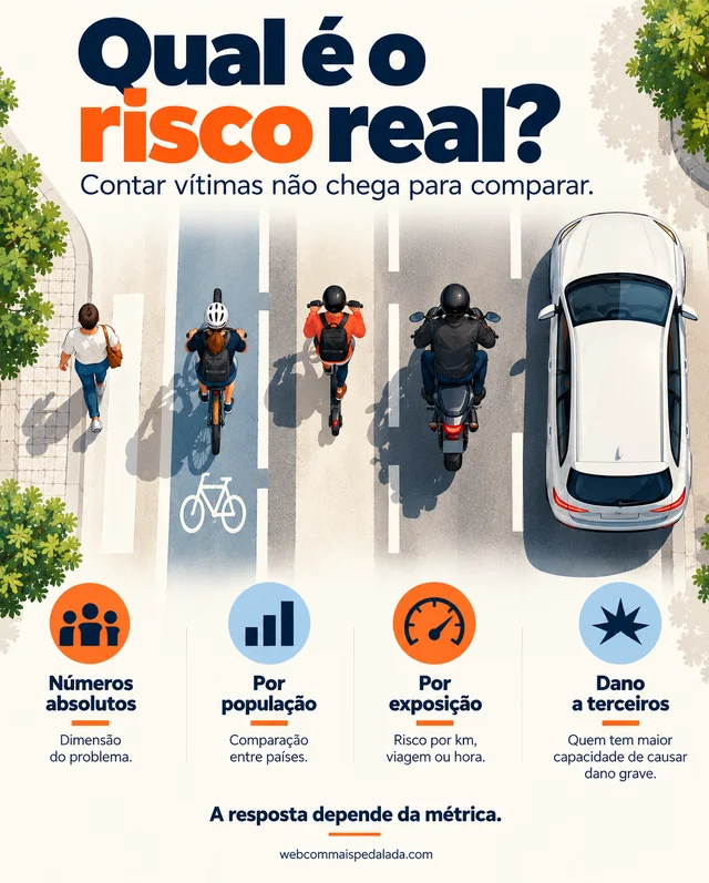 Qual é o risco real? Contar vítimas não chega — quatro métricas: números absolutos, por população, por exposição e dano a terceiros.