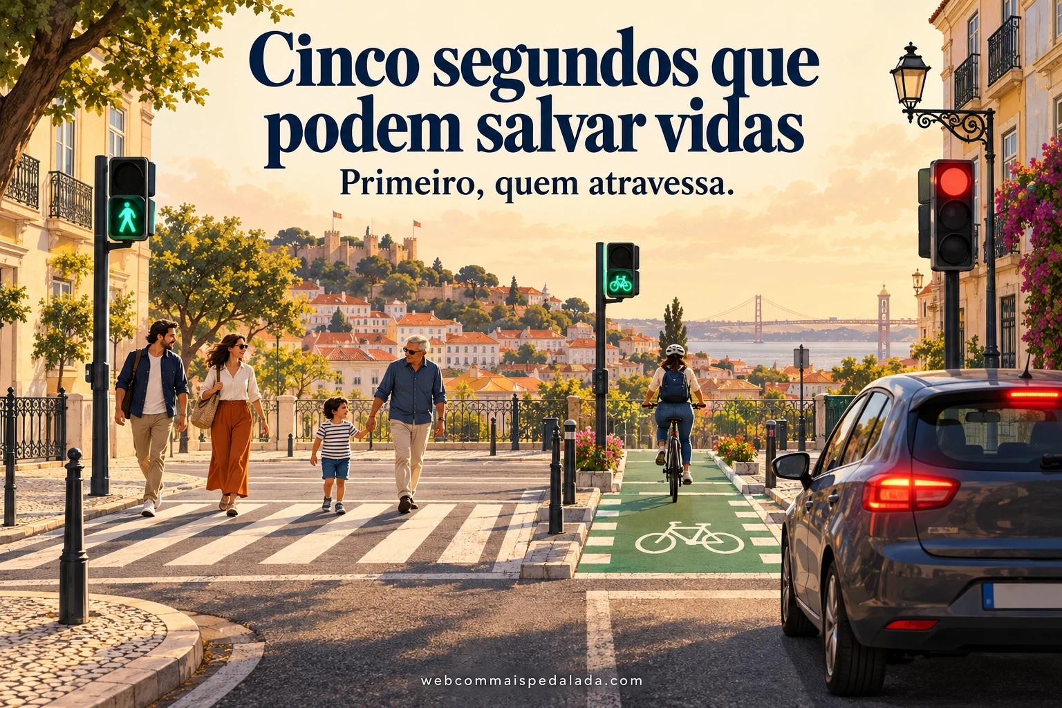 Ilustração de peões e de uma ciclista em atravessamentos contíguos com sinais próprios verdes, enquanto um automóvel aguarda no vermelho.