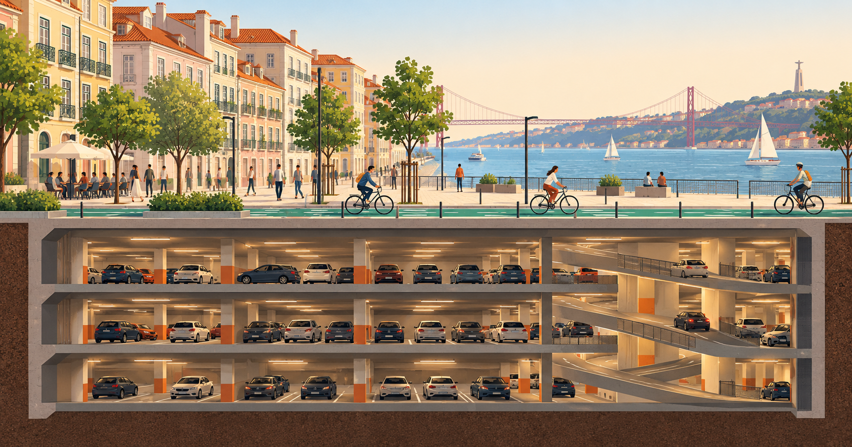 Ilustração conceptual de um bairro ribeirinho, com passeio e ciclovia à superfície e estacionamento subterrâneo; não representa o empreendimento nem está à escala